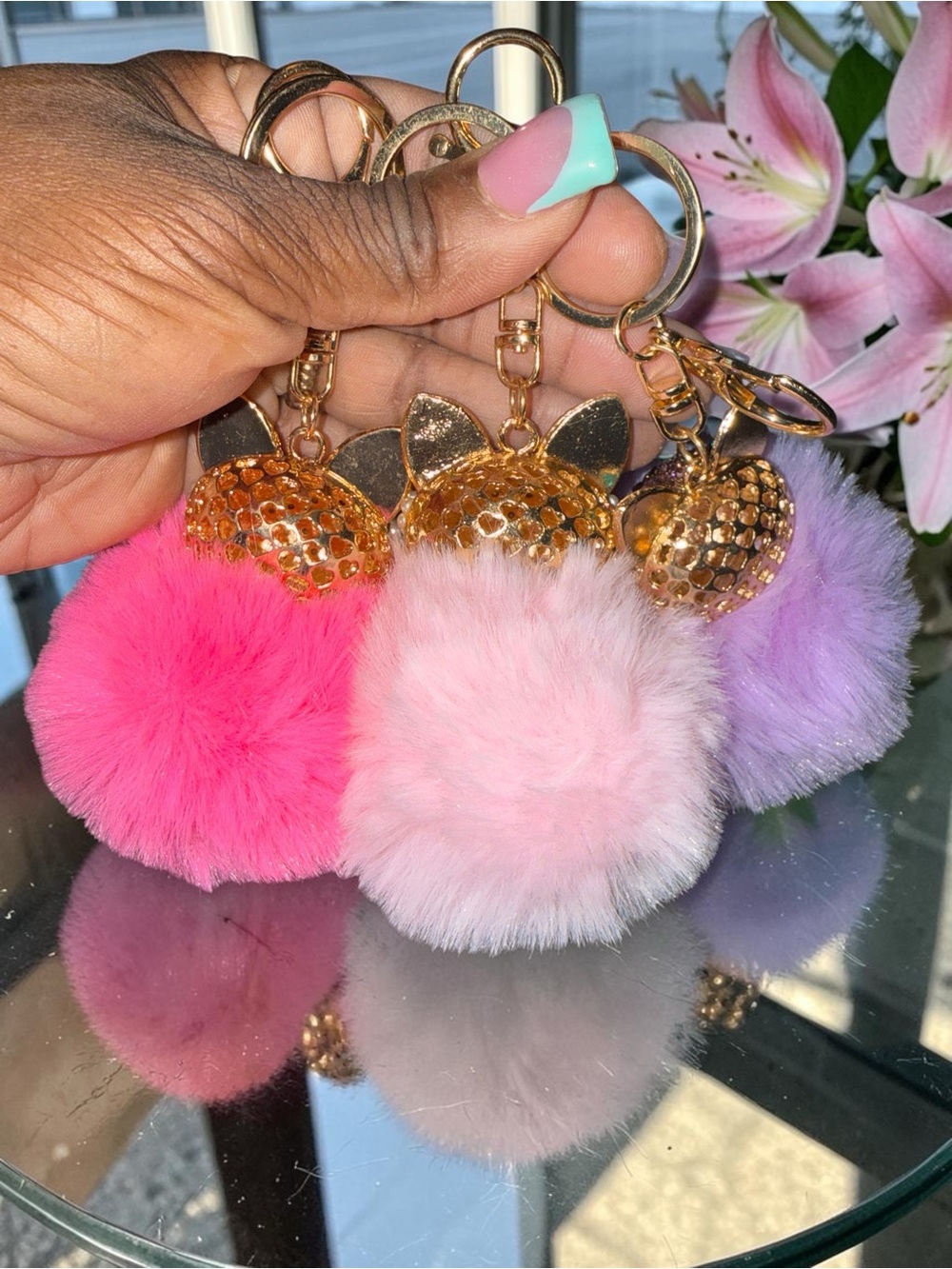 One (1) Sparkling Sleeping Fox Pom Keychain Pink, Lavender, or Hot Pink - Picture 2 of 5